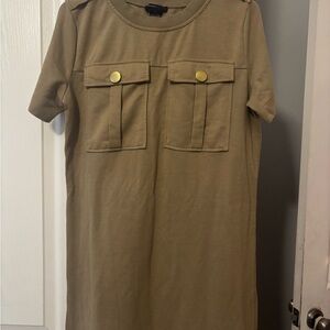 Khaki Short Sleeve dress with Gold Button Accents